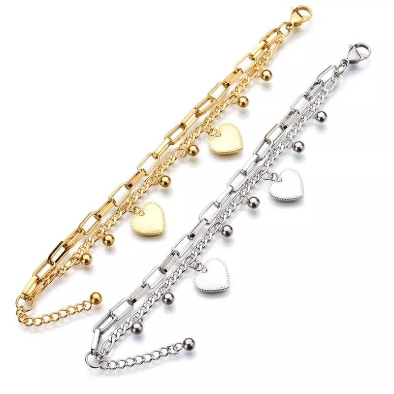 Stainless Steel Bohemian Love Heart Charm Thick Chain Bracelet